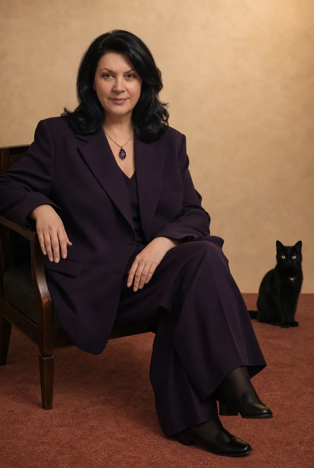 Елена в тёмно-фиолетовом костюме сидит в кресле, рядом — чёрная кошка